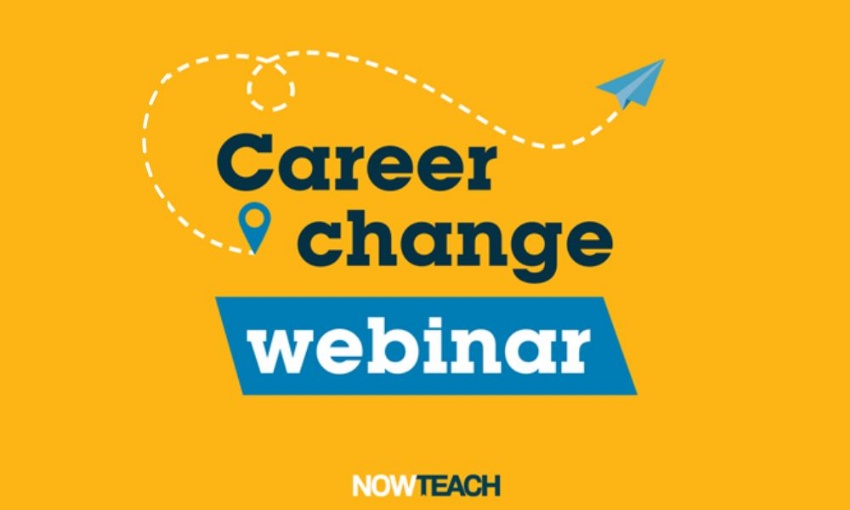 Image shows the NowTeach logo and the words career change webinar with a paper aeroplan swirling upwards